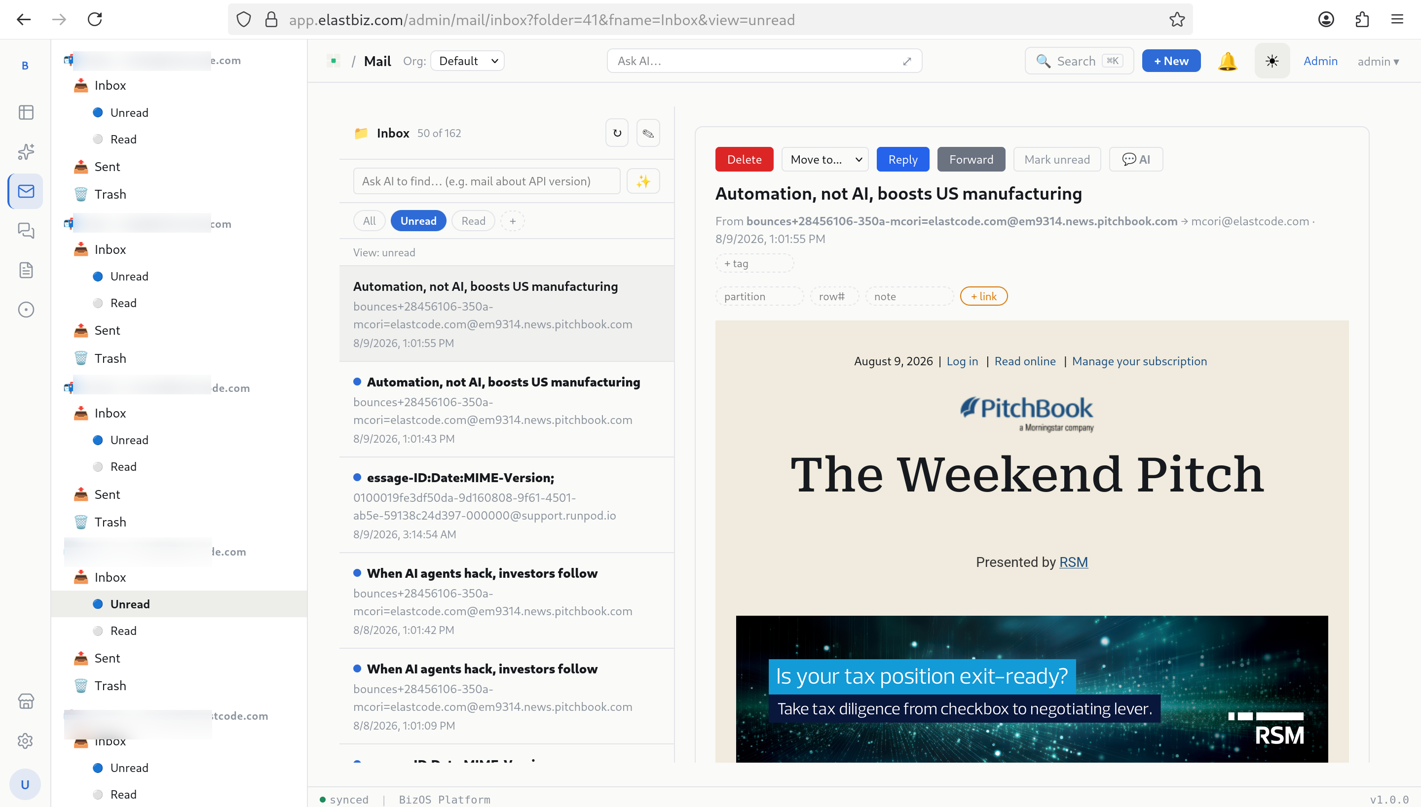 BizOS Mail — production webmail client with multiple mailboxes on the Elastic Platform