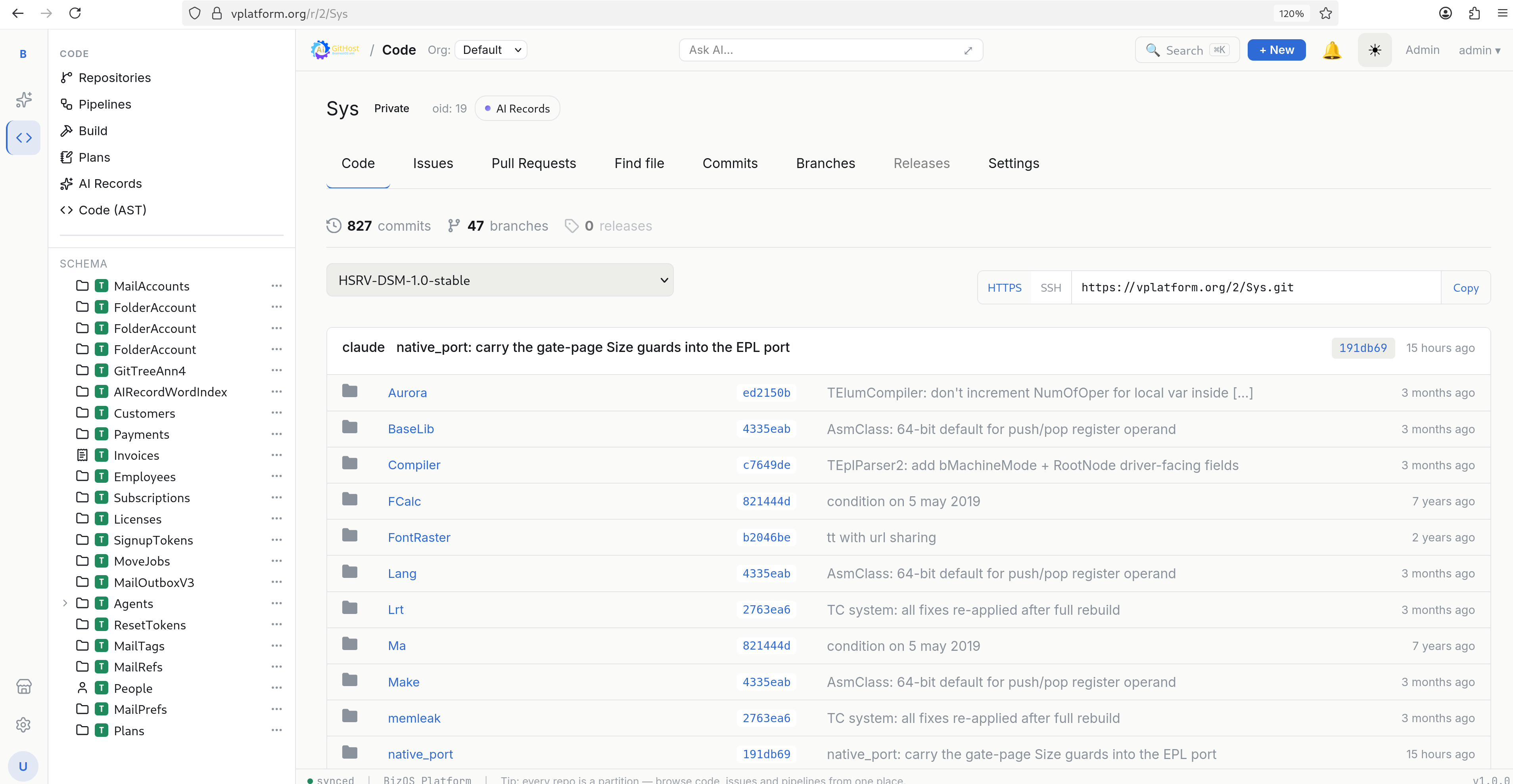 File browser with branches and commits