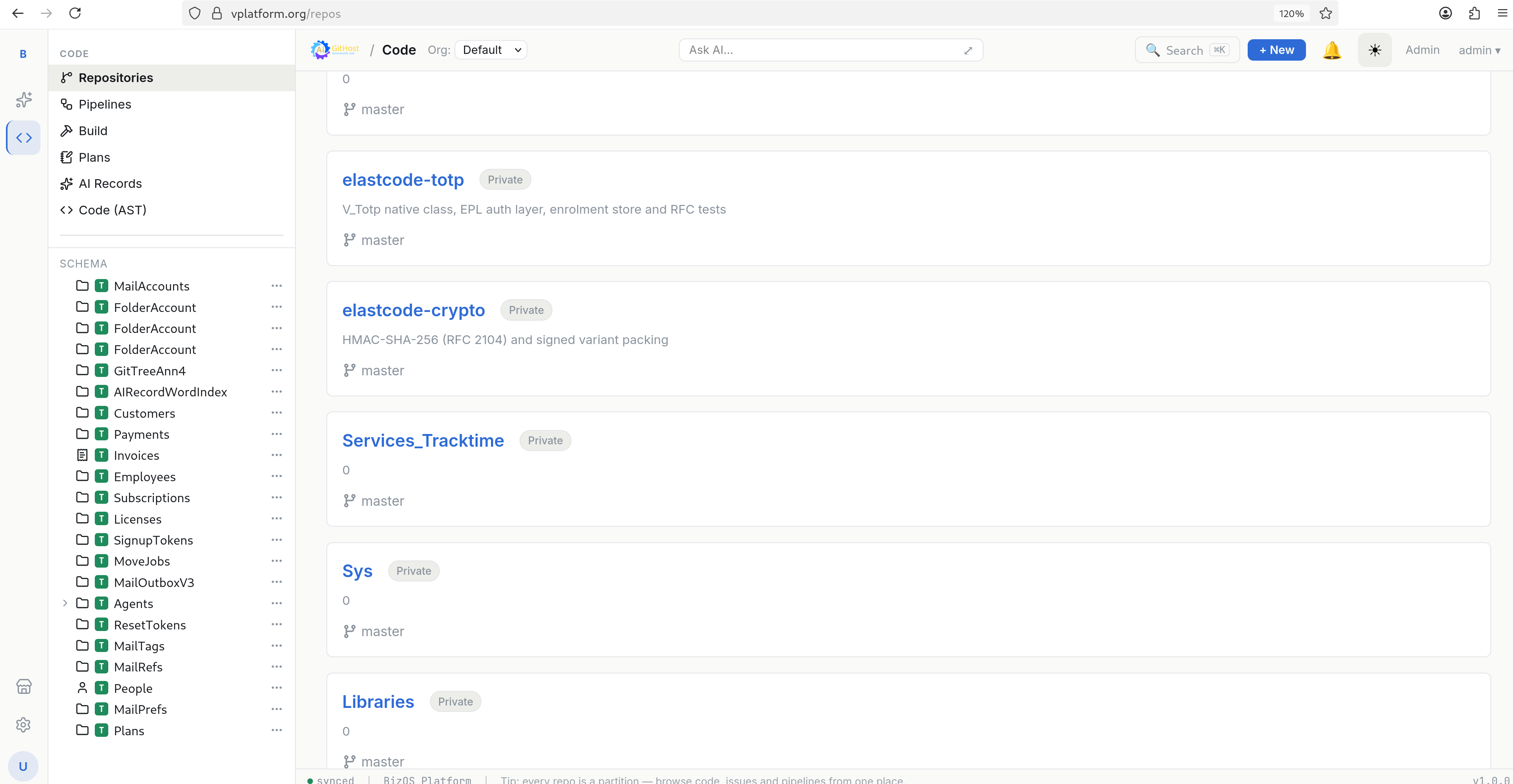 Repository list with database schema browser